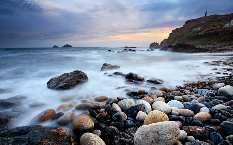 Rocky beach at sunset