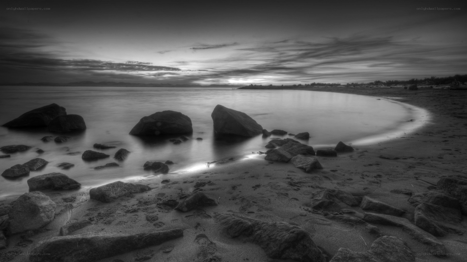 Rocky beach at sunset