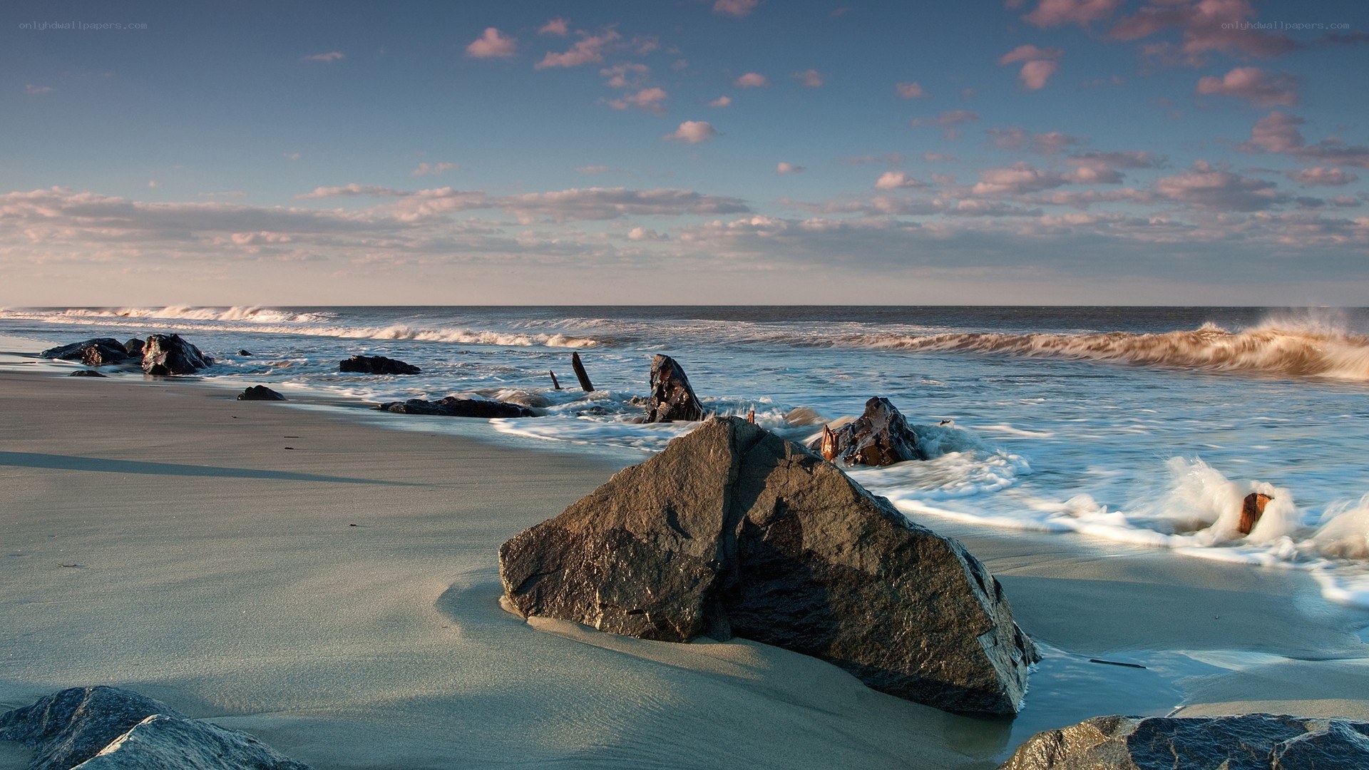Rocky beach at sunset