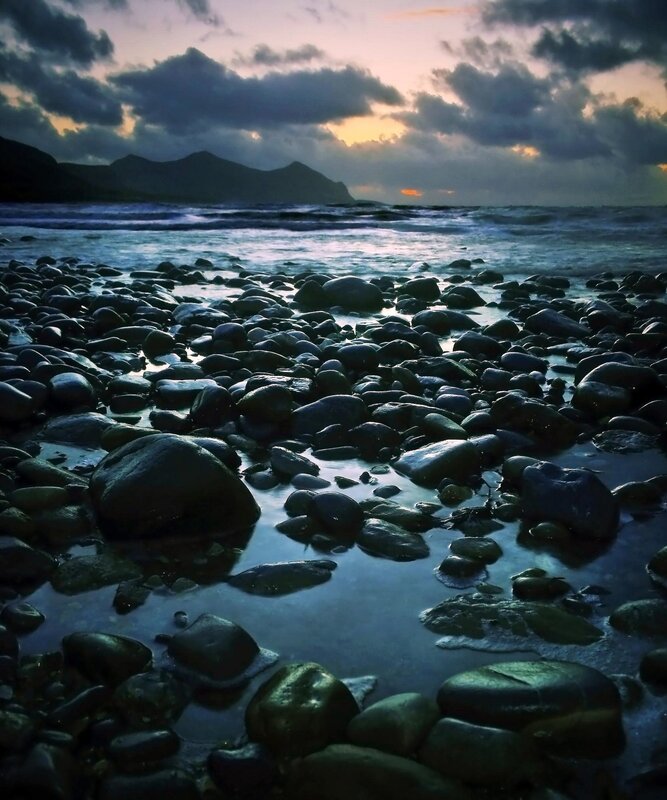 Rocky beach at sunset