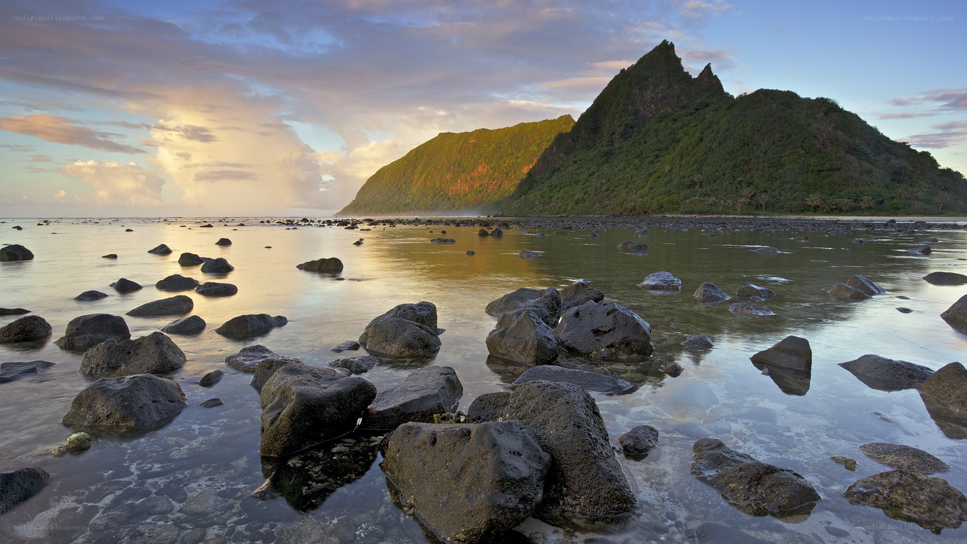 Rocky beach at sunset
