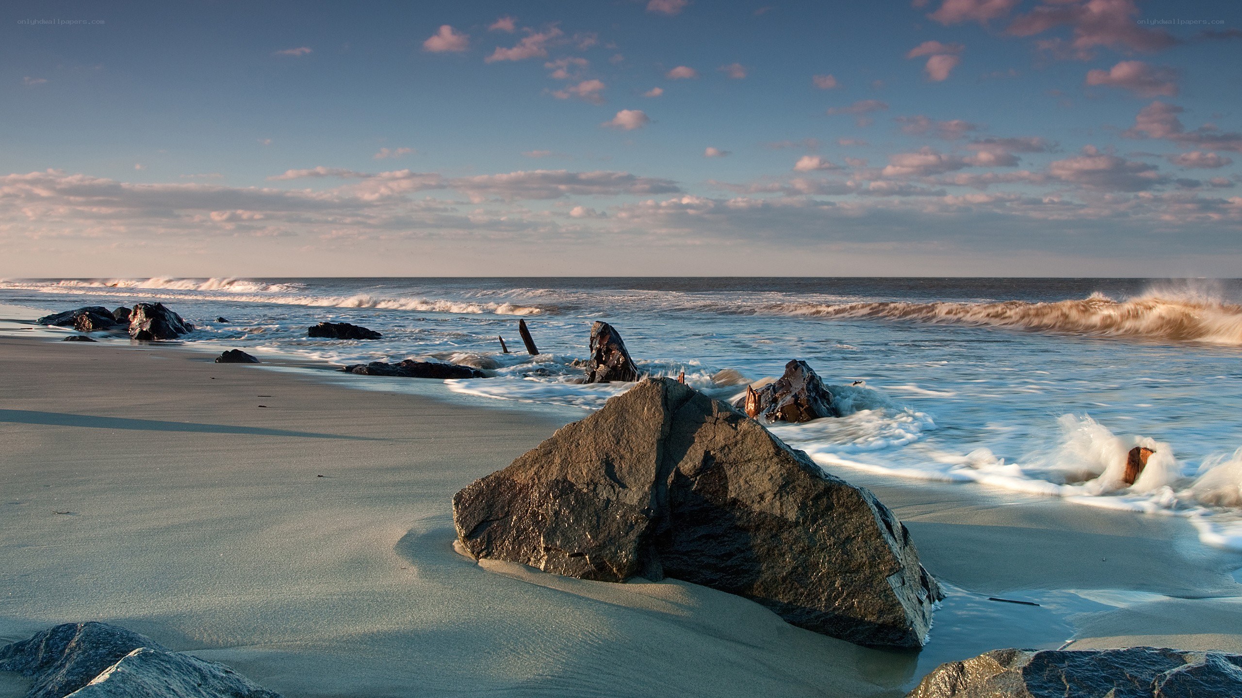 Rocky beach at sunset