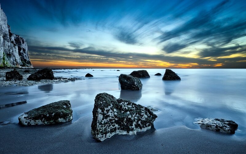 Rocky beach at sunset