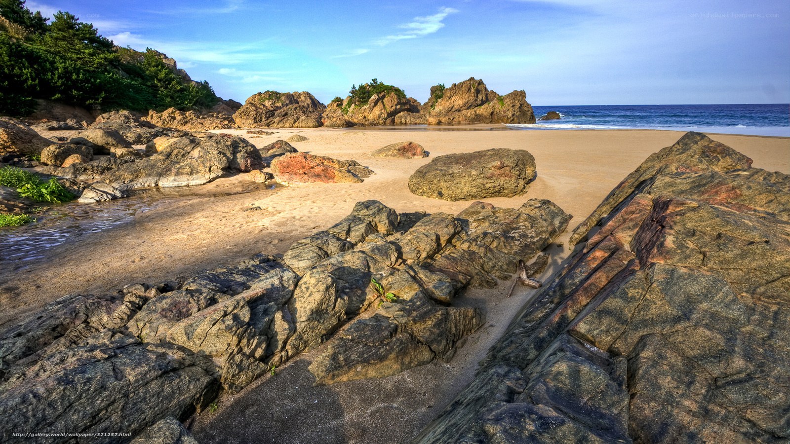 Rocky beach at sunset