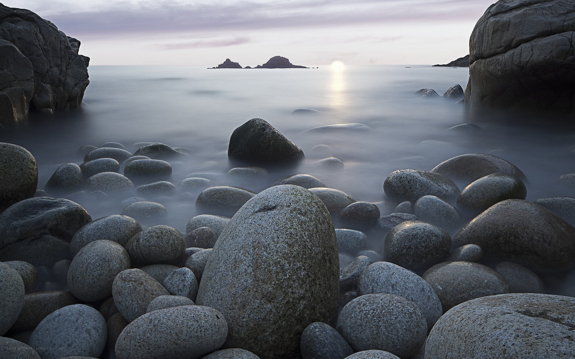 Rocky beach at sunset