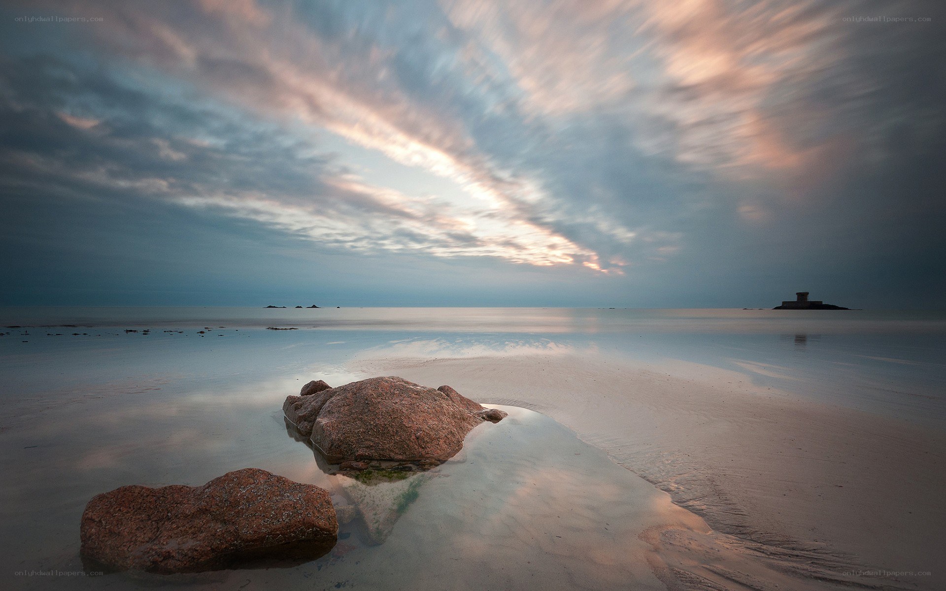 Rocky beach at sunset