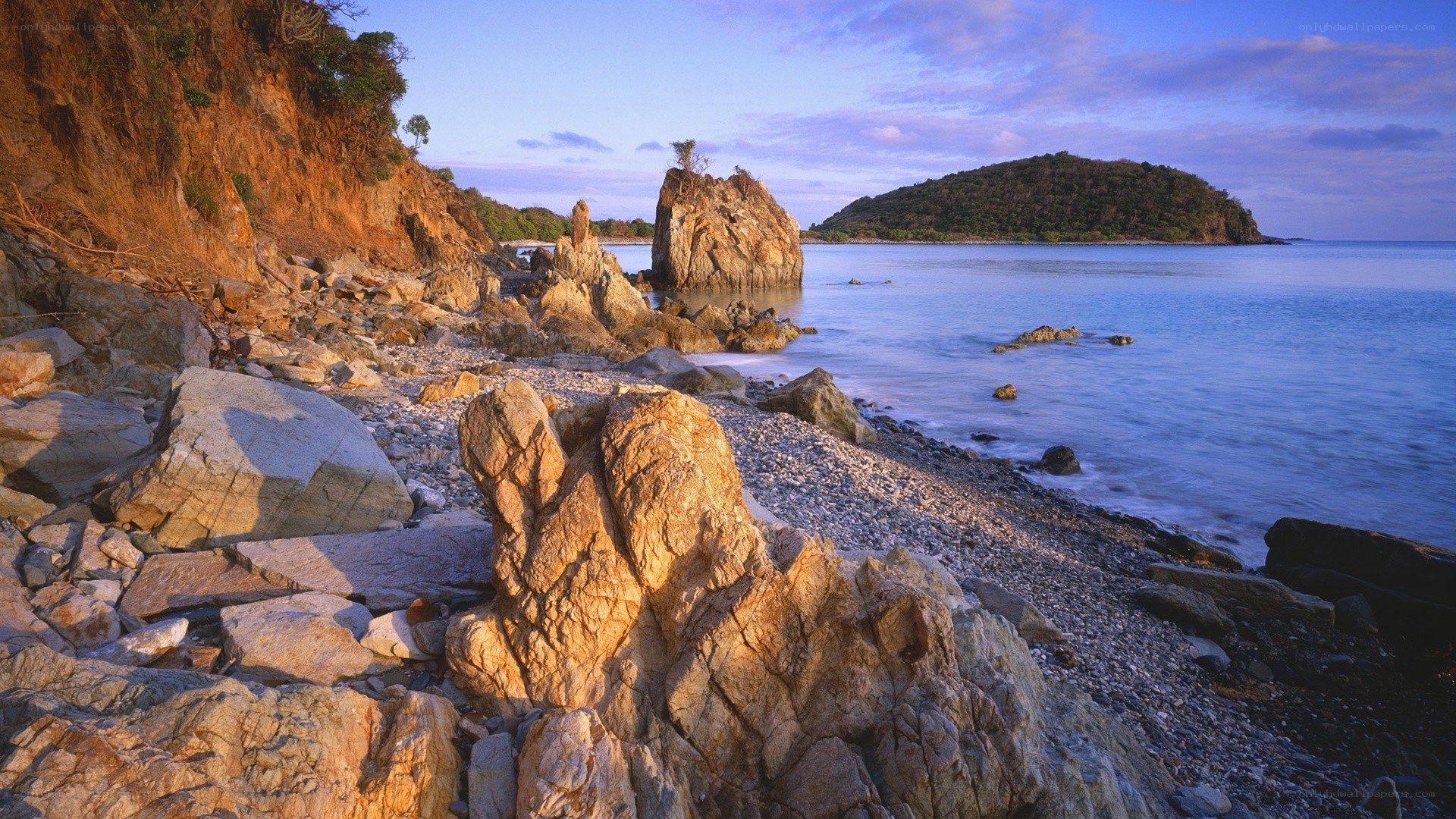 Rocky beach at sunset