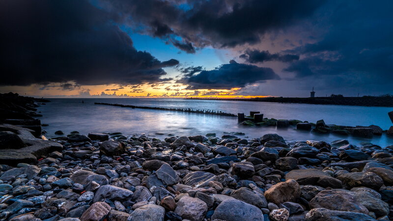 Rocky Beach at Sunset — Blue, Dramatic, Photograph, Clouds