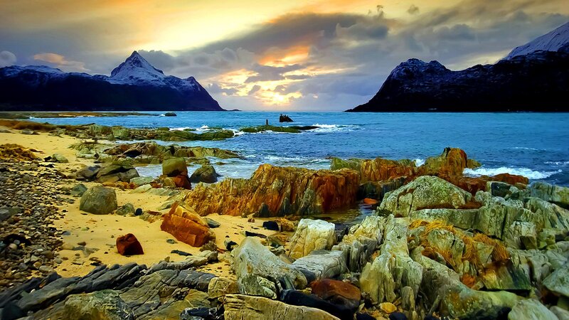Rocky Beach at Sunset — Blue, Dramatic, Photograph, Mountains