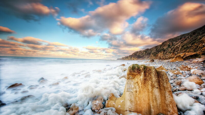 Rocky Beach at Sunset — Blue, Dramatic, Photograph, Ocean, Clouds, Cliffs