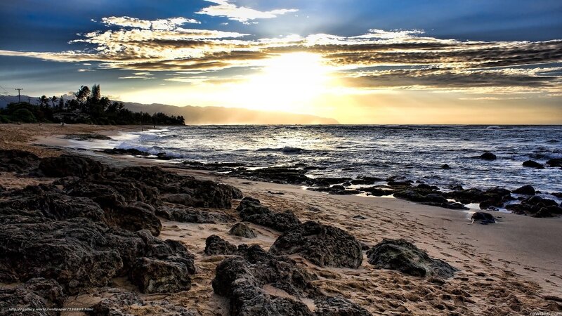Rocky Beach at Sunset — Blue, Dramatic, Photograph, Ocean, Mountains, Clouds