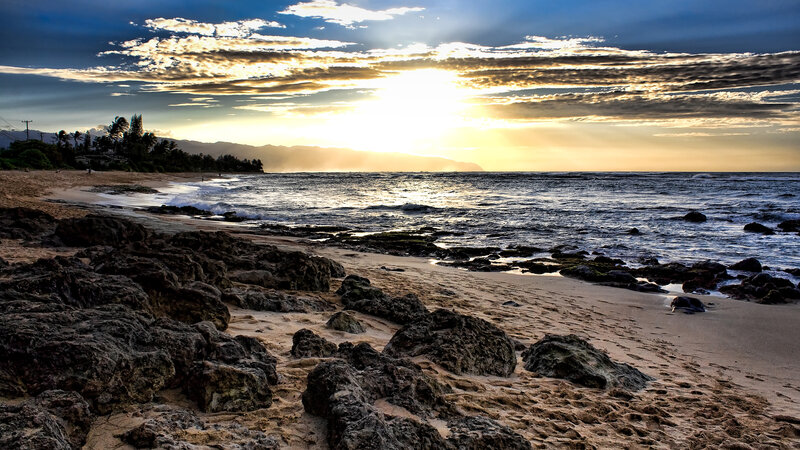 Rocky Beach at Sunset — Blue, Dramatic, Photograph, Ocean, Mountains