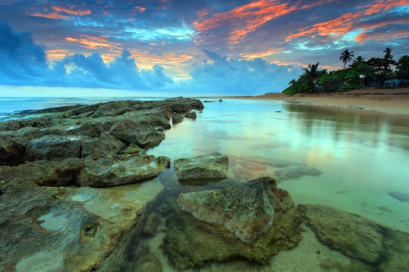 Rocky Beach at Sunset — Blue, Dramatic, Photograph, Ocean, Palm Trees
