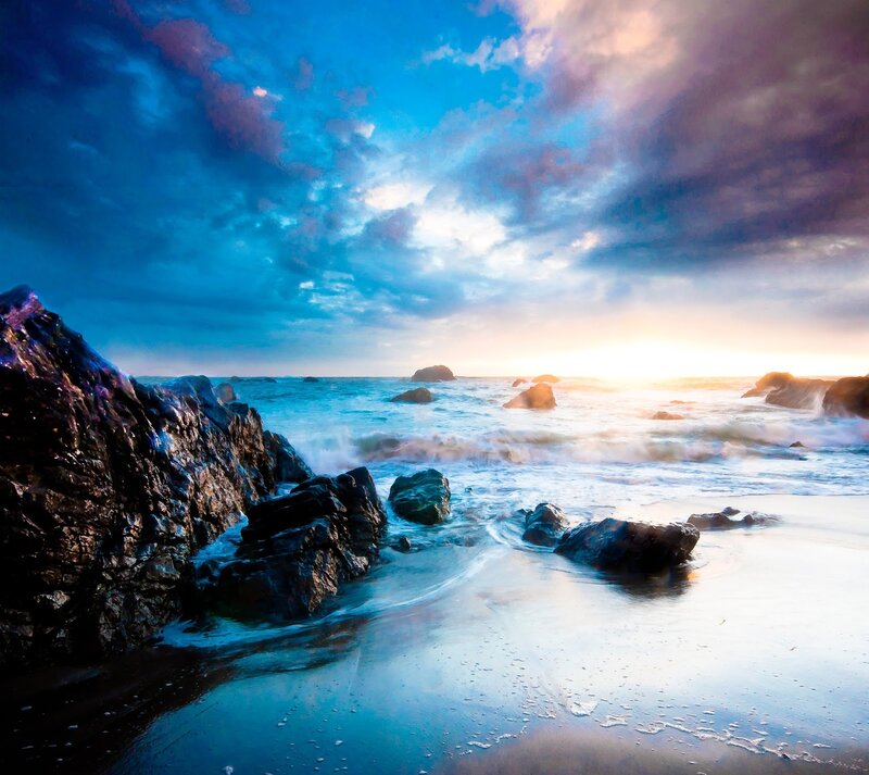 Rocky Beach at Sunset — Blue, Dramatic, Photograph, Ocean, Rocks, Sky