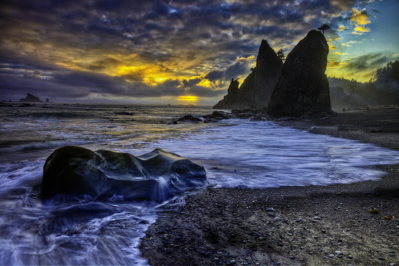 Rocky Beach at Sunset — Blue, Dramatic, Photograph, Ocean, Rocks