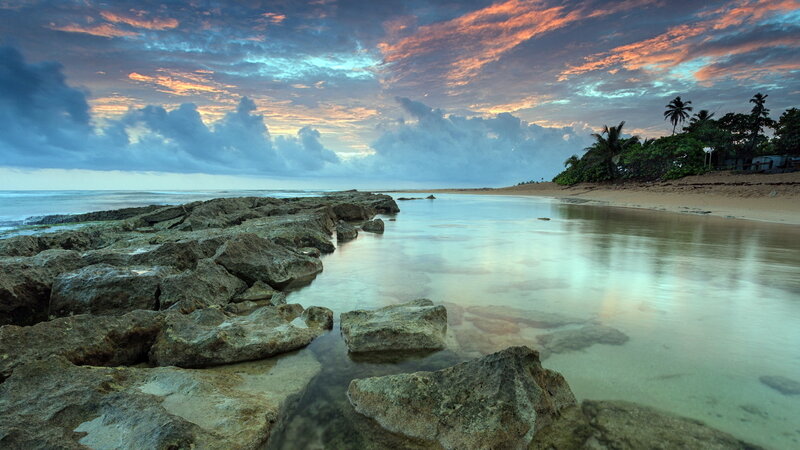 Rocky Beach at Sunset — Blue, Dramatic, Photograph, Ocean, Sand
