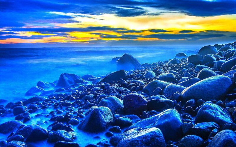 Rocky Beach at Sunset — Blue, Dramatic, Photograph, Ocean, Sky, Rocks