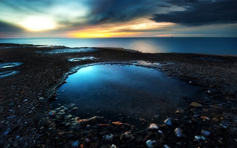 Rocky Beach at Sunset — Blue, Dramatic, Photograph, Ocean, Sky