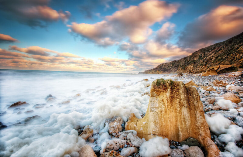 Rocky Beach at Sunset — Blue, Dramatic, Photograph, Ocean