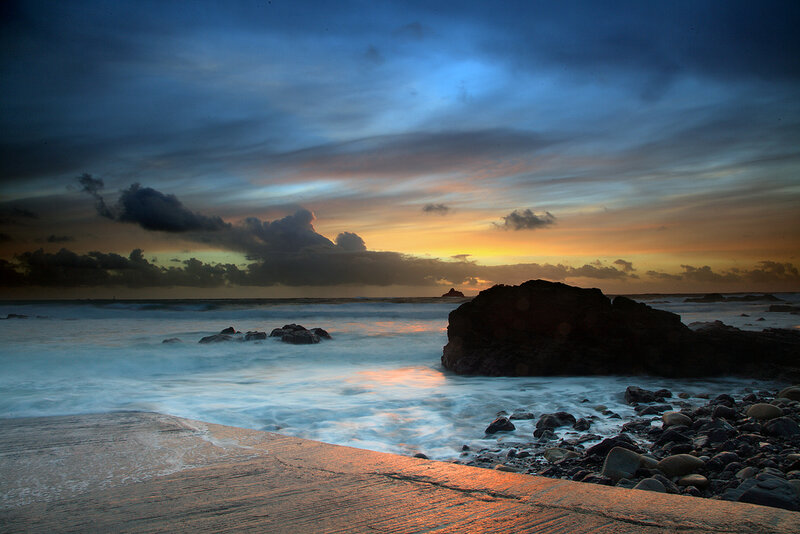 Rocky Beach at Sunset — Blue, Dramatic, Photograph, Rocks, Ocean, Sky