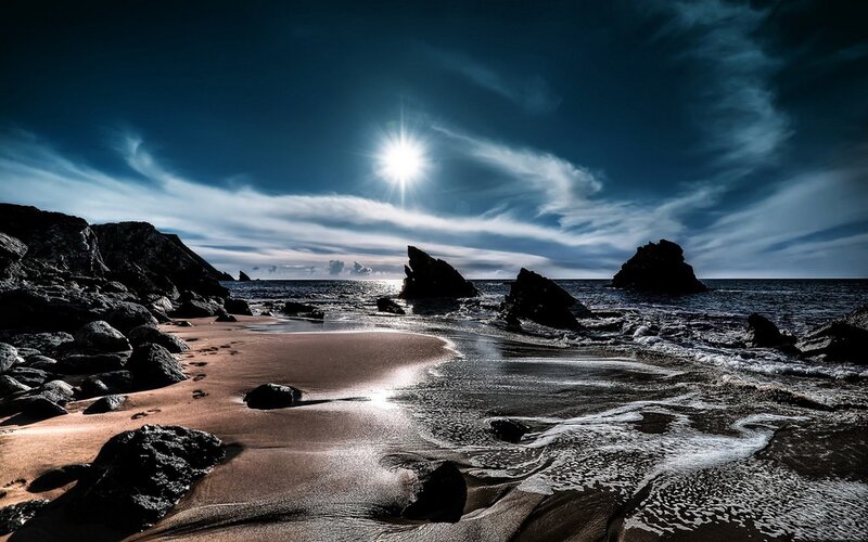 Rocky Beach at Sunset — Blue, Dramatic, Photograph, Rocks, Ocean, Sun