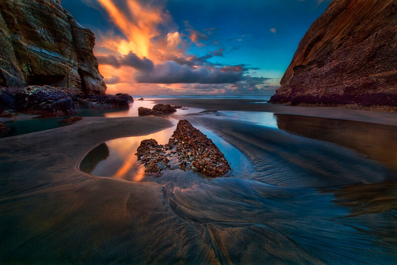Rocky Beach at Sunset — Blue, Dramatic, Photograph, Rocks, Sand