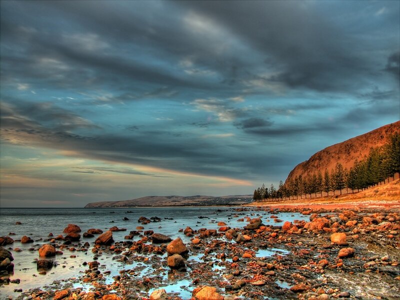 Rocky Beach at Sunset — Blue, Dramatic, Photograph, Rocks, Sea
