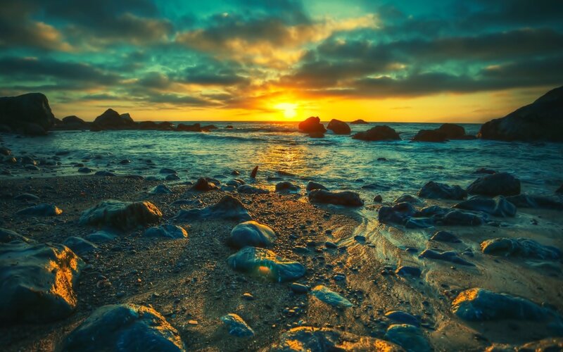 Rocky Beach at Sunset — Blue, Dramatic, Photograph, Rocks