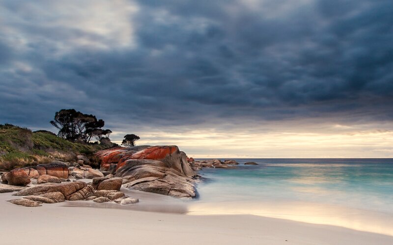 Rocky Beach at Sunset — Blue, Dramatic, Photograph, Rocks, Trees