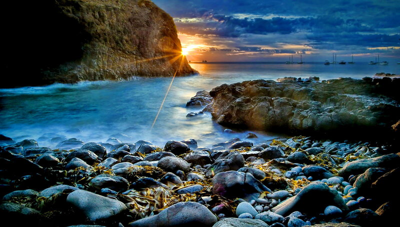 Rocky Beach at Sunset — Blue, Dramatic, Photograph, Sun, Ocean