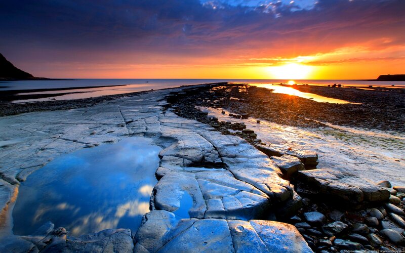 Rocky Beach at Sunset — Blue, Dramatic, Photograph, Sun