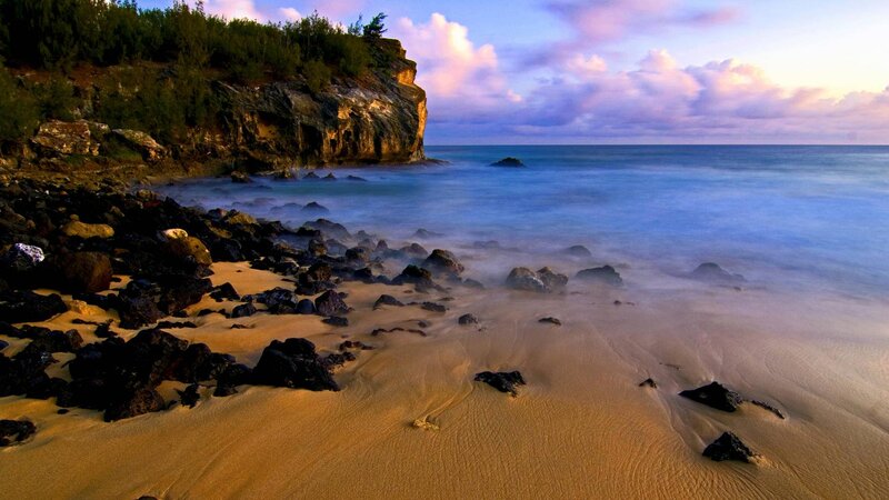 Rocky Beach at Sunset — Blue, Serene, Photograph, Cliff