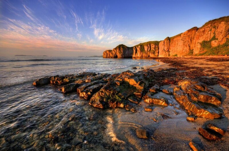 Rocky Beach at Sunset — Blue, Serene, Photograph, Cliffs
