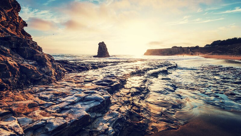Rocky Beach at Sunset — Blue, Serene, Photograph, Ocean, Cliffs, Sun