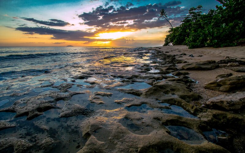 Rocky Beach at Sunset — Blue, Serene, Photograph, Ocean, Clouds