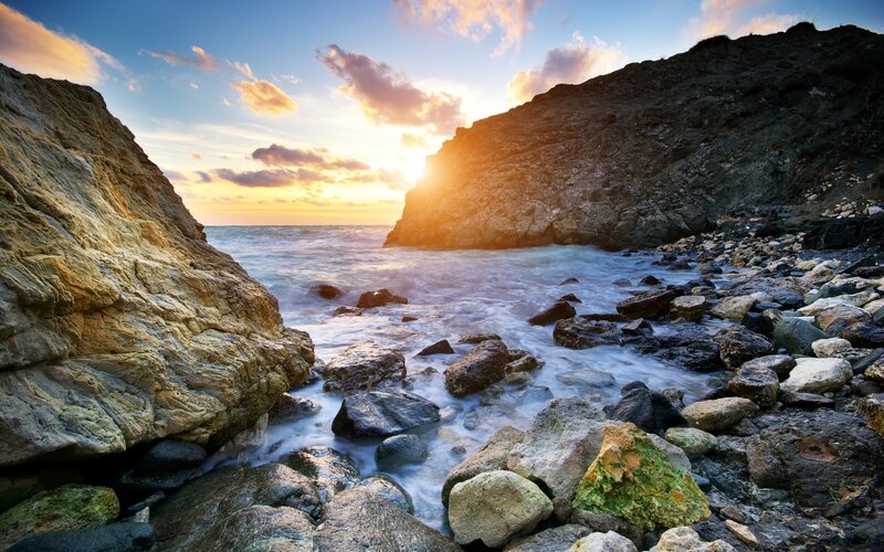 Rocky Beach at Sunset — Blue, Serene, Photograph, Ocean, Rocks, Sky