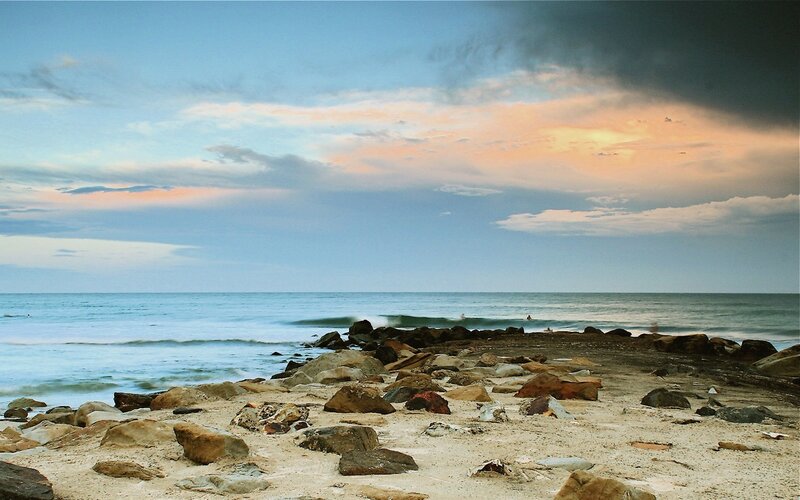 Rocky Beach at Sunset — Blue, Serene, Photograph, Ocean, Sky, Rocks, Orange