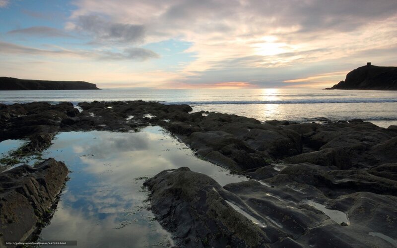 Rocky Beach at Sunset — Blue, Serene, Photograph, Ocean, Sky, Rocks