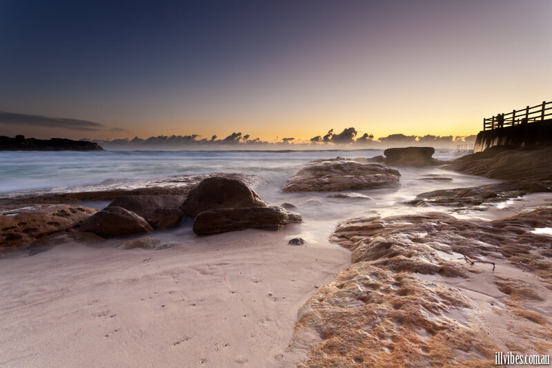 Rocky Beach at Sunset — Blue, Serene, Photograph, Ocean
