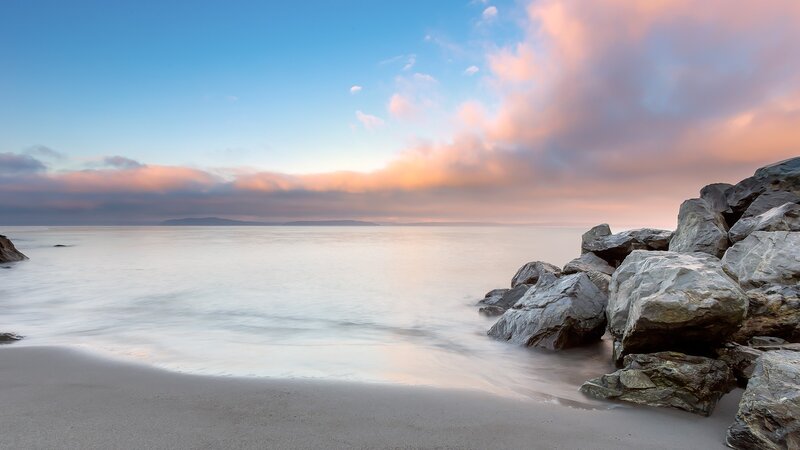 Rocky Beach at Sunset — Blue, Serene, Photograph, Rocks, Ocean, Sky, Clouds, Pink