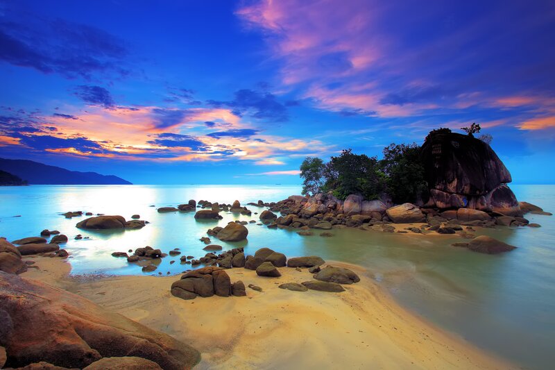 Rocky Beach at Sunset — Blue, Serene, Photograph, Rocks, Sea, Sky