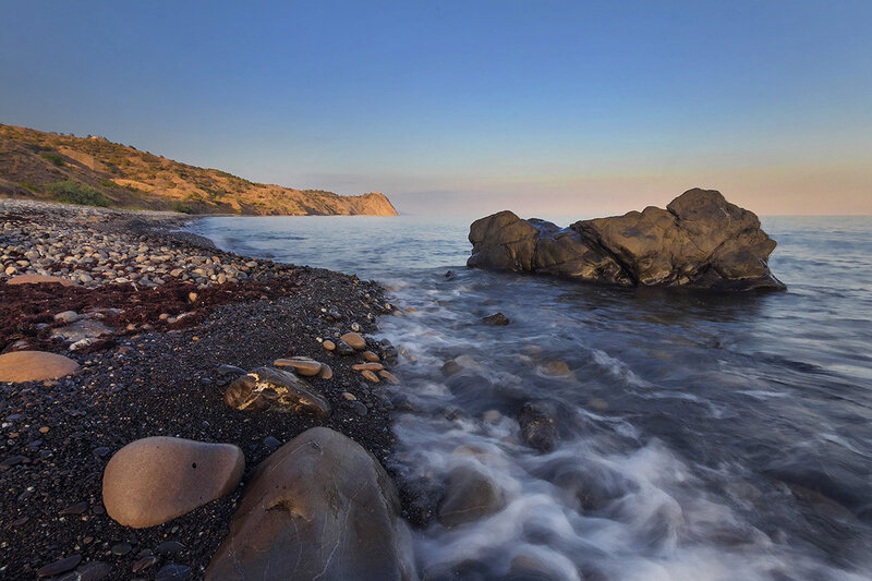 Rocky Beach at Sunset — Blue, Serene, Photograph, Rocks, Sea