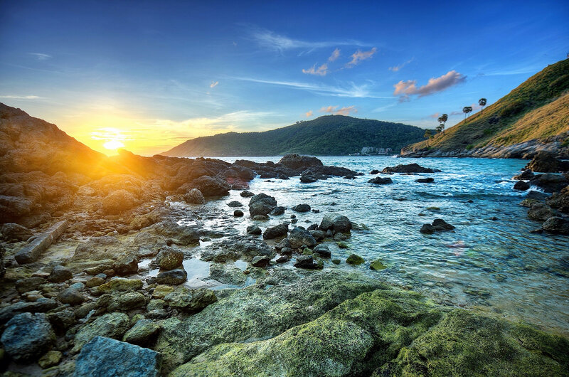 Rocky Beach at Sunset — Blue, Serene, Photograph, Sun