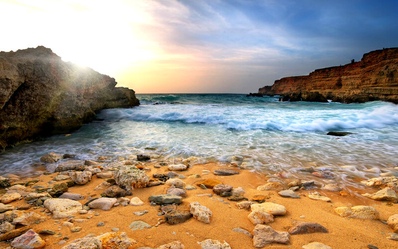Rocky Beach at Sunset — Blue, Serene, Photograph