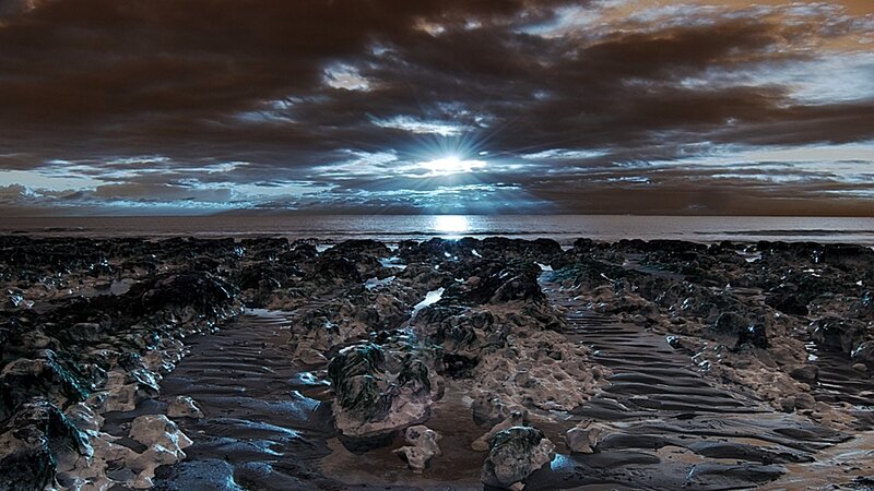 Rocky Beach at Sunset — Brown, Dramatic, Photograph, Rocks, Ocean, Clouds