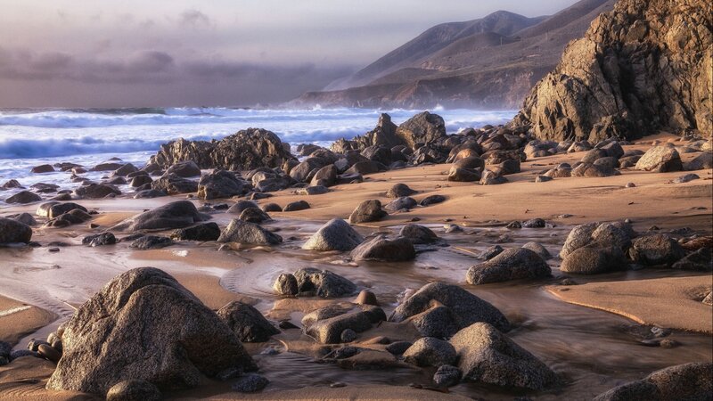 Rocky Beach at Sunset — Brown, Dramatic, Photograph
