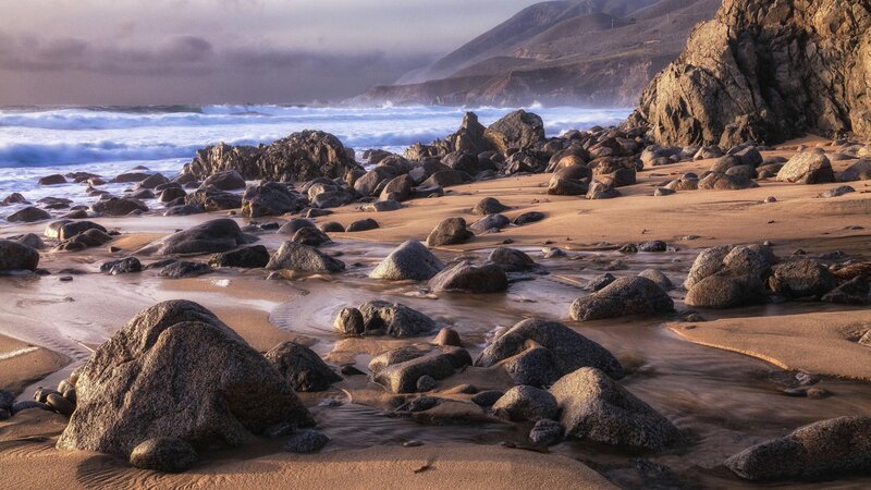 Rocky Beach at Sunset — Brown, Dramatic