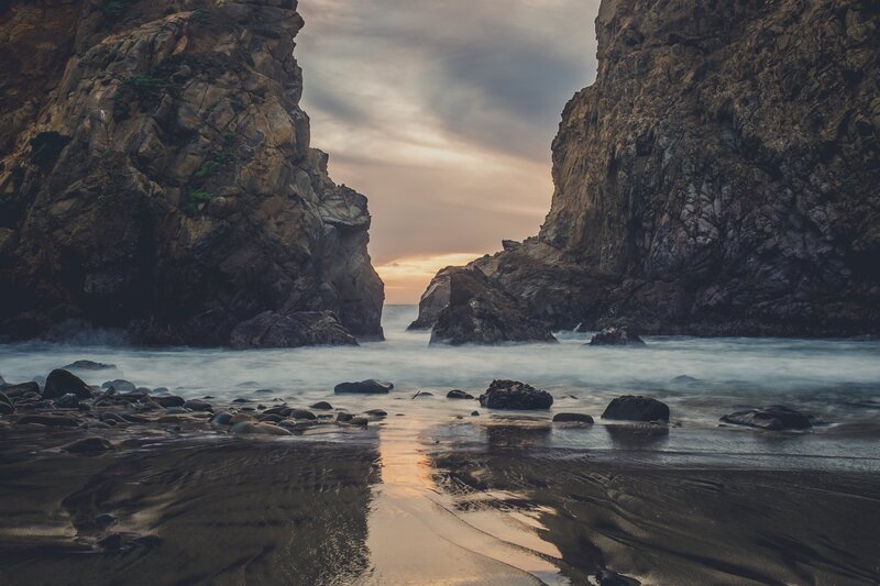 Rocky Beach at Sunset — Brown, Serene, Photograph, Rocks