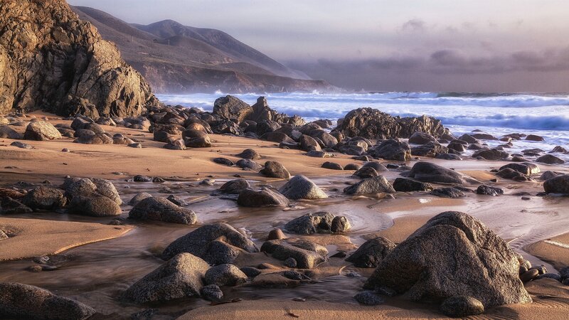 Rocky Beach at Sunset — Brown, Serene