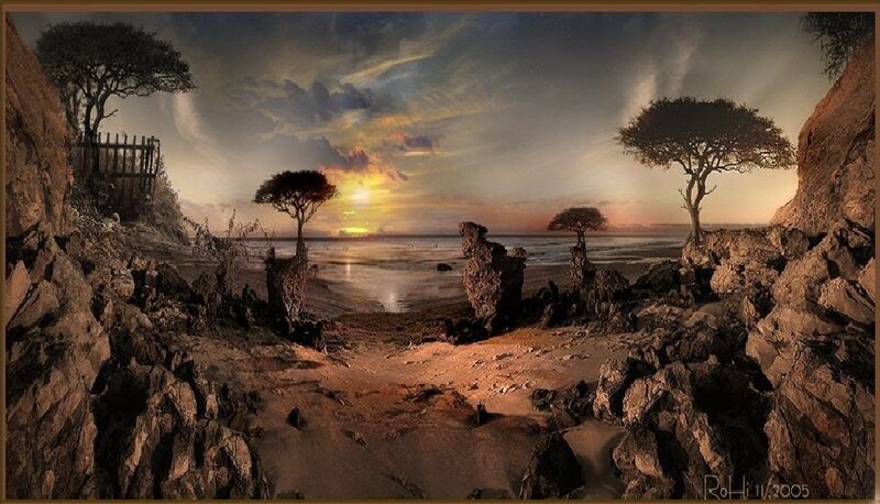 Rocky Beach at Sunset — Brown